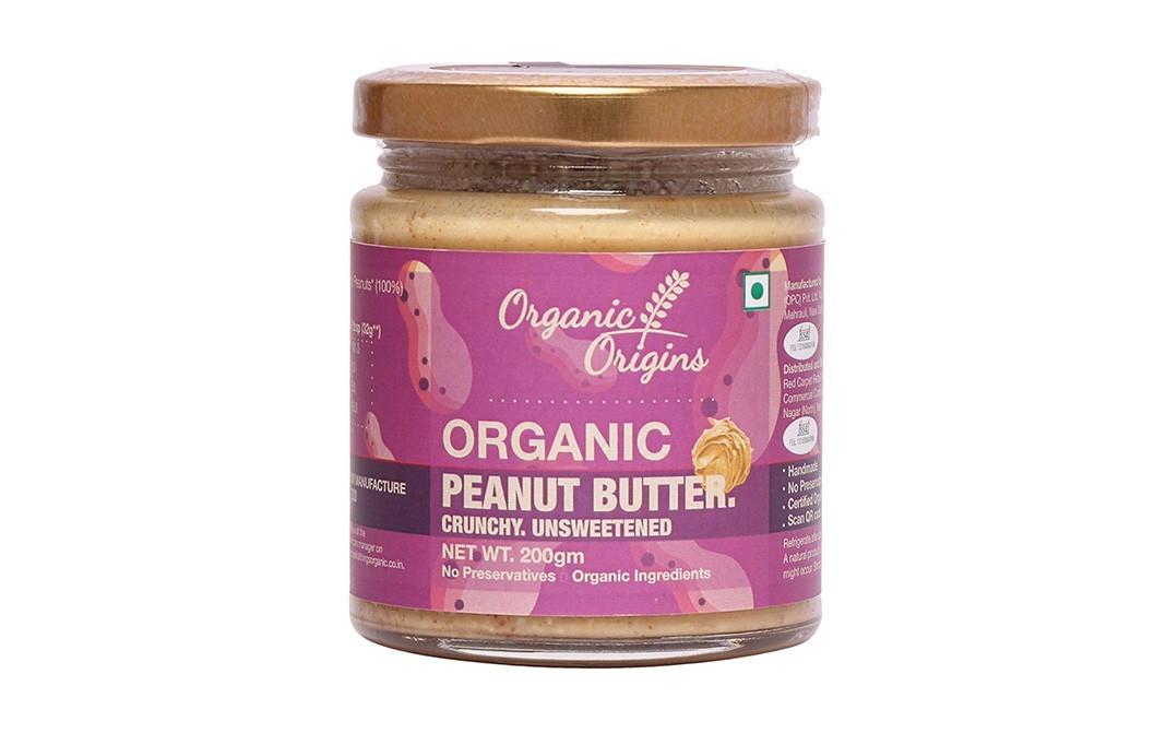 Organic Origins Peanut Butter. Crunchy. Unsweetened   Glass Jar  200 grams